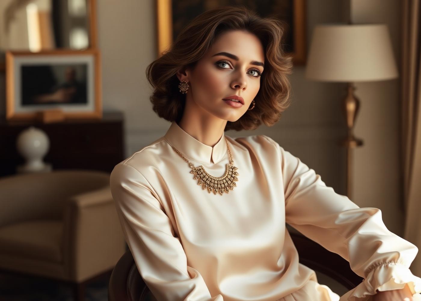 An elegant woman in silk wearing a bold vintage necklace