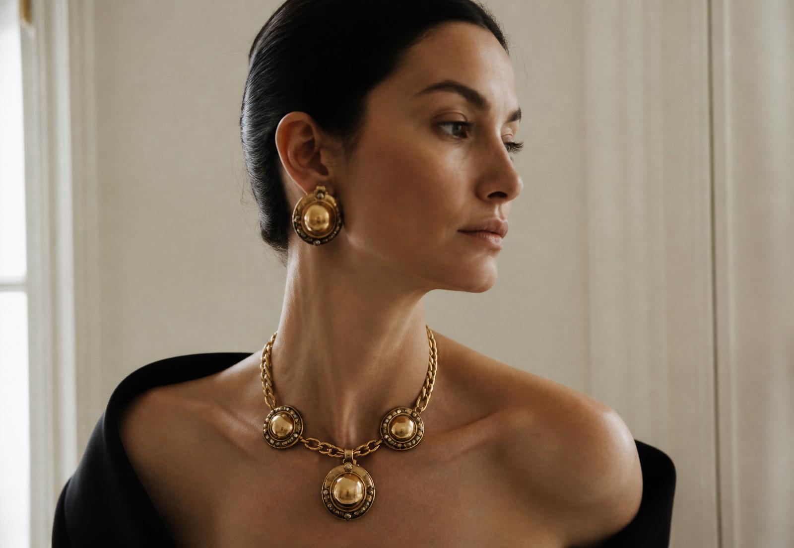 A woman wearing vintage statement jewelry from House of Jiset