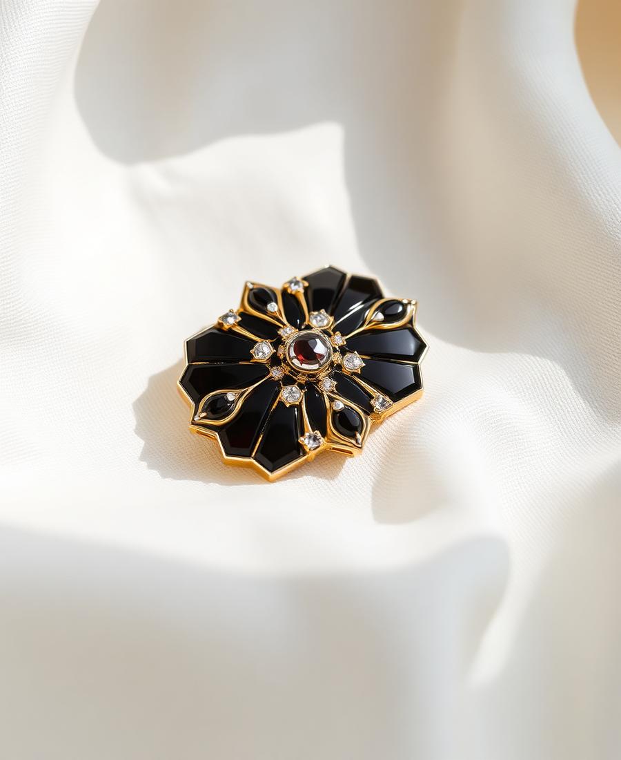 Onyx and Rose-Cut Brooch